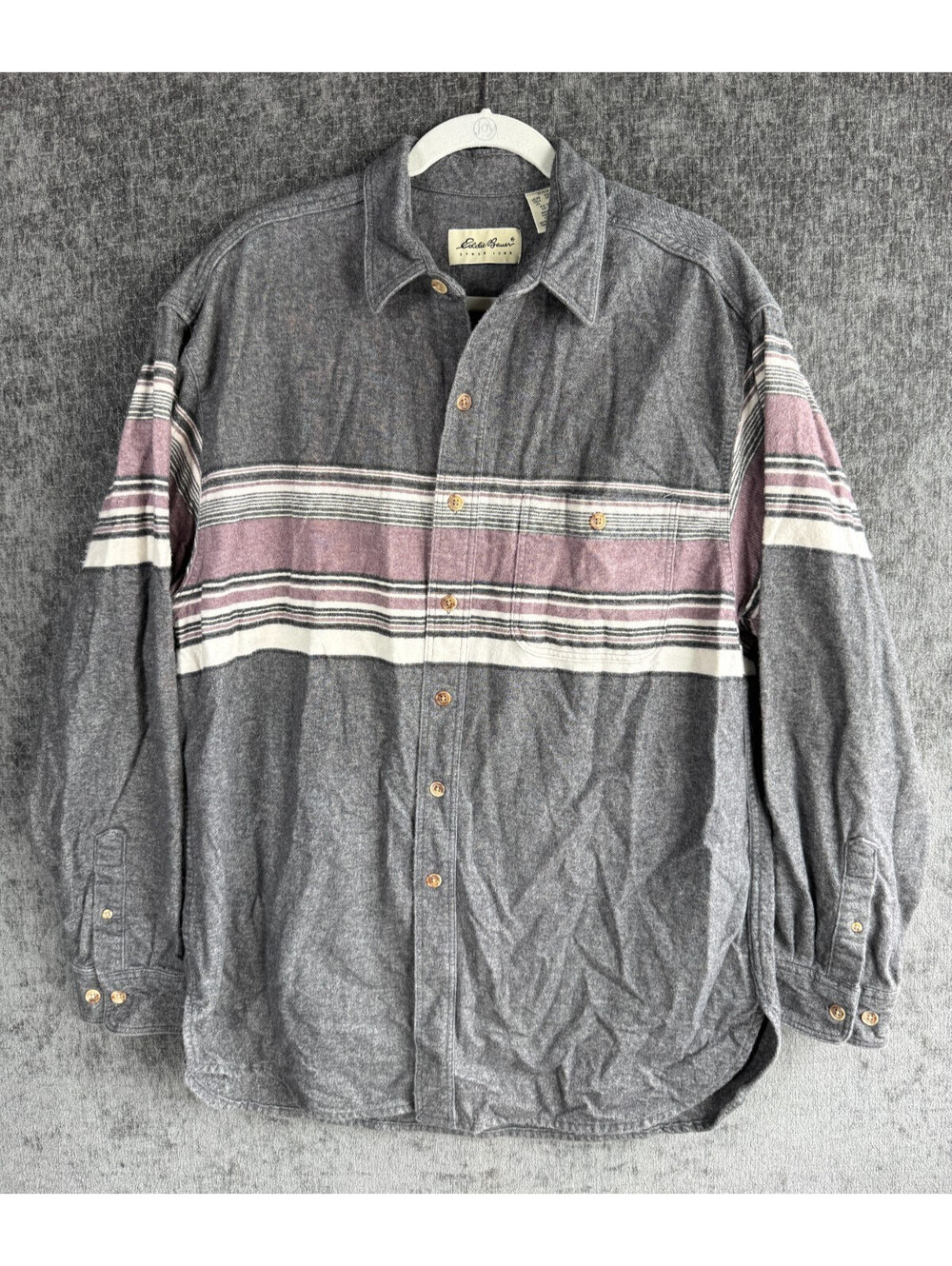 Vintage Eddie Bauer Mens XL Tall Gray Striped Cotton Flannel Shirt Made in USA